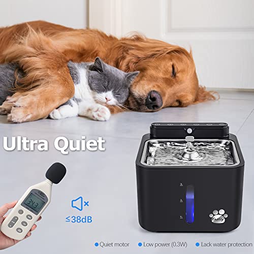 Wireless & Rechargeable Battery Operated Cat Water Fountain, Kastty 108oz/3.2L Larger Quiet Sensor Auto Cat Fountain with Smart 3 Flow Mode+Foodgrade 304 Stainless Steel Dish for Pet Inside or Outdoor