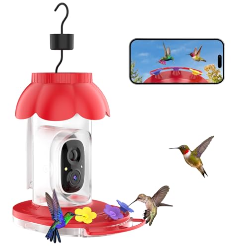 Smart Hummingbird Feeder with Camera, AI Identify Bird Breed,1080P Live Bird Watching Instant Notifications,Ant and Bee Proof,3 Color Feeding Ports,Hanging on Porch Patio(21 Ounces)