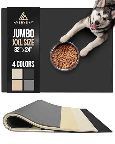 AVERYDAY 32x24'' Large Silicone Cat Dog Food Water Bowl Mat Fits Multi Pet Feeding Stations, 0.63" High Edge Dog Food Mats for Floors Waterproof, Rubber Pet Food Bowl Mat/Placemats for Dog Food Dish