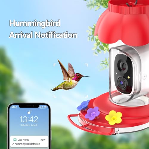 Smart Hummingbird Feeder with Camera, AI Identify Bird Breed,1080P Live Bird Watching Instant Notifications,Ant and Bee Proof,3 Color Feeding Ports,Hanging on Porch Patio(21 Ounces)