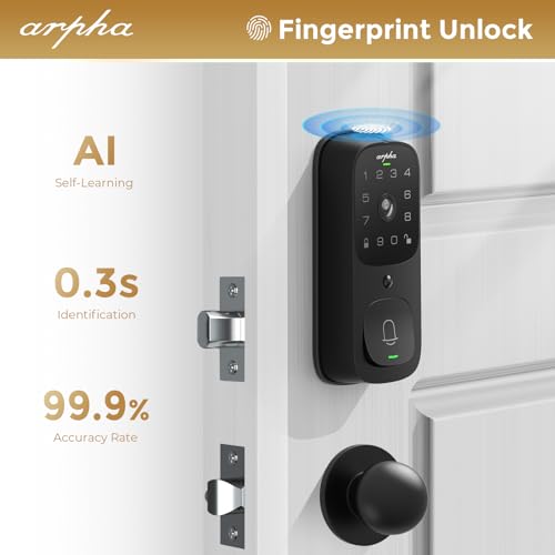 ARPHA Smart Door Lock with Video Camera - 6 in 1 Camera+Doorbell+Fingerprint Keyless Entry Door Lock, Wi-Fi Smart Locks for Front Door with 32GB SD Card, Electronic Digital Door Lock with Keypad
