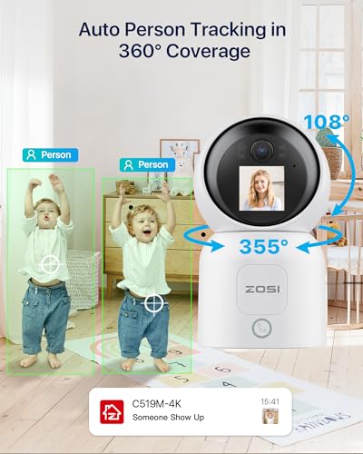 ZOSI 4K Pan/Tilt Smart Security Camera Indoor, Plug in 2.4/5GHz WiFi Camera, 2 Way Video, Motion Tracking, 8MP Baby/Pet Dog Monitor with Phone app, C519M8 360° View Home Cam, Cloud & SD Card Storage