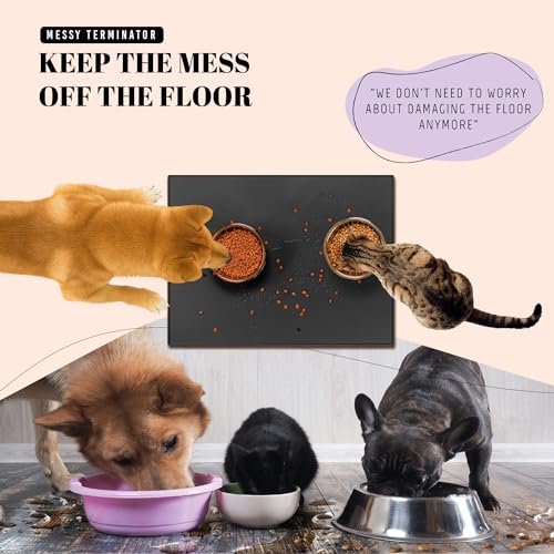 AVERYDAY 32x24'' Large Silicone Cat Dog Food Water Bowl Mat Fits Multi Pet Feeding Stations, 0.63" High Edge Dog Food Mats for Floors Waterproof, Rubber Pet Food Bowl Mat/Placemats for Dog Food Dish