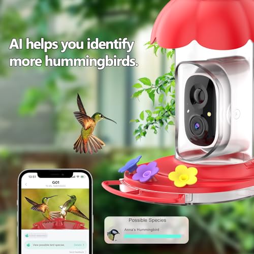 Smart Hummingbird Feeder with Camera, AI Identify Bird Breed,1080P Live Bird Watching Instant Notifications,Ant and Bee Proof,3 Color Feeding Ports,Hanging on Porch Patio(21 Ounces)