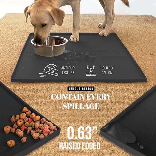AVERYDAY 32x24'' Large Silicone Cat Dog Food Water Bowl Mat Fits Multi Pet Feeding Stations, 0.63" High Edge Dog Food Mats for Floors Waterproof, Rubber Pet Food Bowl Mat/Placemats for Dog Food Dish