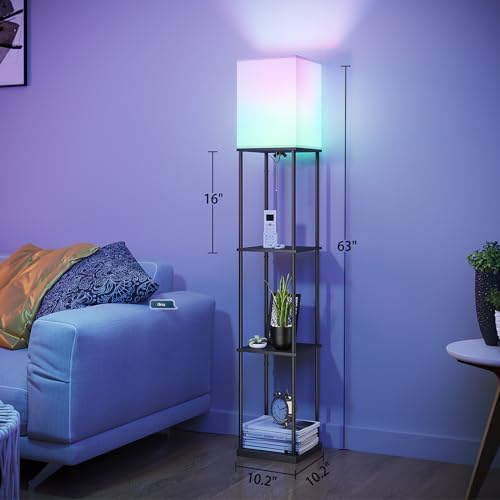 SUNMORY Floor Lamp with Shelves, Smart APP Control Standing Lamp with RGB Bulb, 4-Tier Dimmable Floor Lamps for Living Room, Tall Lamp for Bedroom, Office, Corner Display Bookshelf Lamp