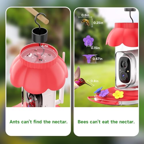 Smart Hummingbird Feeder with Camera, AI Identify Bird Breed,1080P Live Bird Watching Instant Notifications,Ant and Bee Proof,3 Color Feeding Ports,Hanging on Porch Patio(21 Ounces)