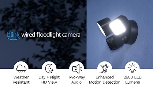 Blink Wired Floodlight Camera – Smart security camera, 2600 lumens, HD live view, enhanced motion detection, built-in siren, Works with Alexa – 1 camera (Black)