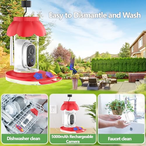 Smart Hummingbird Feeder with Camera, AI Identify Bird Breed,1080P Live Bird Watching Instant Notifications,Ant and Bee Proof,3 Color Feeding Ports,Hanging on Porch Patio(21 Ounces)