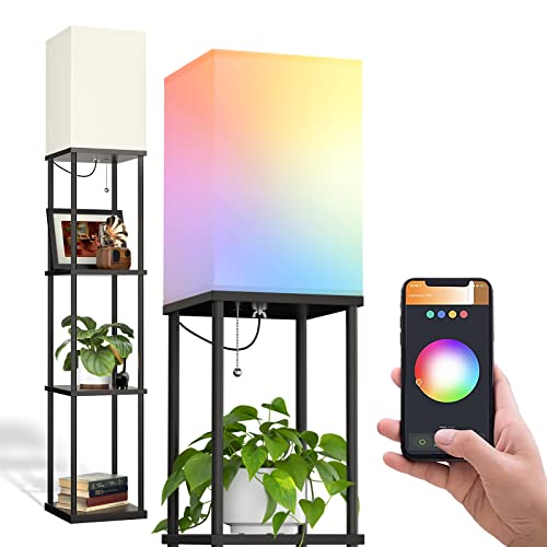 addlon Floor Lamp with Shelves with LED Smart RGB Bulb, 4-Tier Modern Shelf Display for Living Room, Bedroom and Office - Black