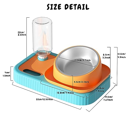 Cdycam Cat Dog Food and Water Bowl Set, Double Food Bowls with Automatic Gravity Water Bottle, Raised Slow Feeder, Detachable Stainless Steel Bowl, 15°Tilt Elevated No Spill Dispenser (Gray+White)