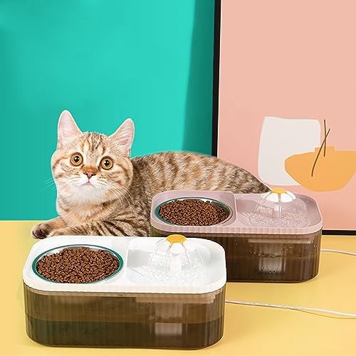 Cat Water Fountain and Food Bowl 2-in-1 Automatic Pet Water Dispenser with Flower Smart Pump USB Cat Waterer Fountain Cute Cat Food and Water Bowl Set for Cats Kitty(6pcs Replacement Filter piece)