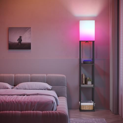 SUNMORY Floor Lamp with Shelves, Smart APP Control Standing Lamp with RGB Bulb, 4-Tier Dimmable Floor Lamps for Living Room, Tall Lamp for Bedroom, Office, Corner Display Bookshelf Lamp