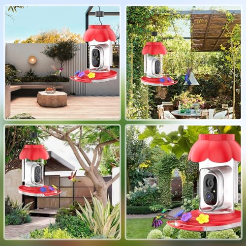 Smart Hummingbird Feeder with Camera, AI Identify Bird Breed,1080P Live Bird Watching Instant Notifications,Ant and Bee Proof,3 Color Feeding Ports,Hanging on Porch Patio(21 Ounces)
