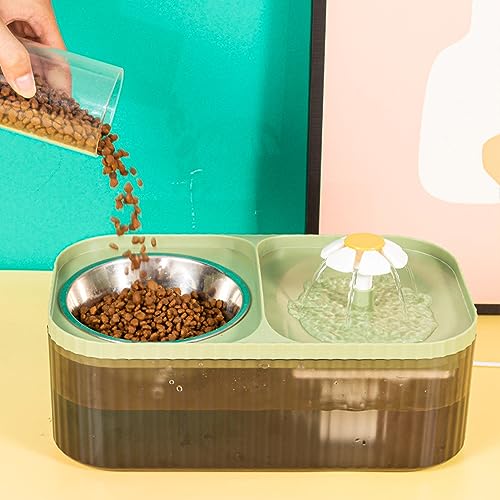 Cat Water Fountain and Food Bowl 2-in-1 Automatic Pet Water Dispenser with Flower Smart Pump USB Cat Waterer Fountain Cute Cat Food and Water Bowl Set for Cats Kitty(6pcs Replacement Filter piece)