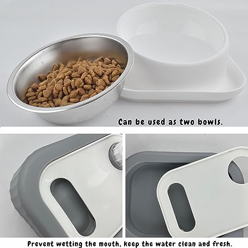 Cdycam Cat Dog Food and Water Bowl Set, Double Food Bowls with Automatic Gravity Water Bottle, Raised Slow Feeder, Detachable Stainless Steel Bowl, 15°Tilt Elevated No Spill Dispenser (Gray+White)