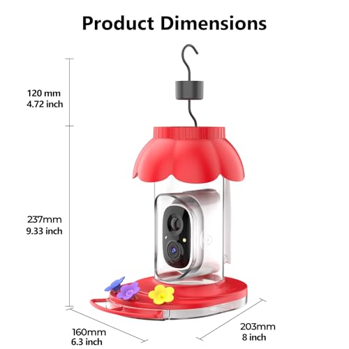 Smart Hummingbird Feeder with Camera, AI Identify Bird Breed,1080P Live Bird Watching Instant Notifications,Ant and Bee Proof,3 Color Feeding Ports,Hanging on Porch Patio(21 Ounces)
