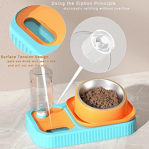 Cdycam Cat Dog Food and Water Bowl Set, Double Food Bowls with Automatic Gravity Water Bottle, Raised Slow Feeder, Detachable Stainless Steel Bowl, 15°Tilt Elevated No Spill Dispenser (Gray+White)