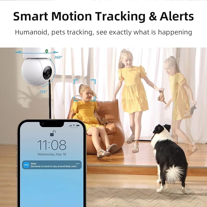 AOSU 4MP Security Camera Indoor - 2.5K Baby Monitor Pet Camera 360° for Home Security, WiFi Camera with 5/2.4 GHz Wi-Fi Router, One-Touch Call, Smart Motion Tracking (2 Pack)