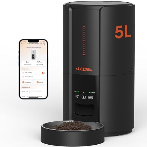 WOPET Automatic Cat Feeders,5L WiFi Pet Feeder with APP,Schedule Feeding Pet Dry Food Dispenser for Cats,10s Voice Recording,Up to 10 Meals per Day,Black