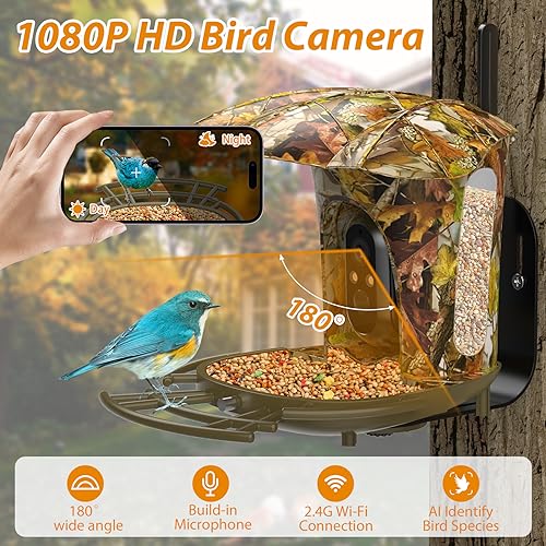 Smart Bird Feeder Camera, 1080P HD, 11000+ Bird Species Camera Auto Capture, 6W Solar Panel Bird Species, Bird Feeder with Camera Birdhouse with 64G Card for Bird Lovers