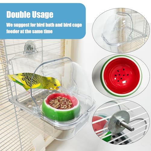 Bird Cage Feeder, No Mess Bird Feeder for Cage, No Spill Bird Feeder for Parakeet Parrot Cockatiels Lovebirds Bird Bath for Cage (Green Ceramic Bowl and Transparent Container)