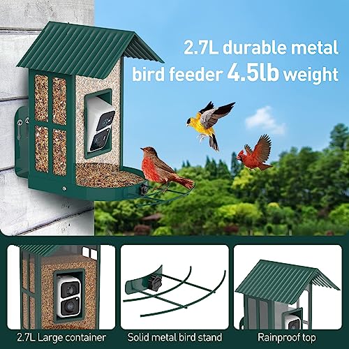 SOLIOM® BF08- Metal Bird Feeder Camera with Smart AI Identify Bird Species, Wild Bird Watching Cam, Live View, Instant Notifications with 5W Solar Panel