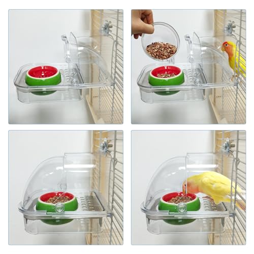 Bird Cage Feeder, No Mess Bird Feeder for Cage, No Spill Bird Feeder for Parakeet Parrot Cockatiels Lovebirds Bird Bath for Cage (Green Ceramic Bowl and Transparent Container)