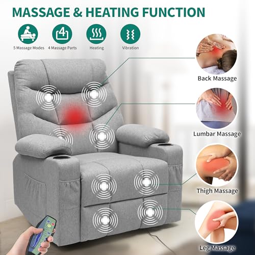 YITAHOME Oversized Recliner for Big and Tall Seniors, 270° Swivel Glider Rocker Recliner with Heat and Massage for Living Room, Theater Seating Single Sofa, 2 Cup Holders, Remote Control, Gray