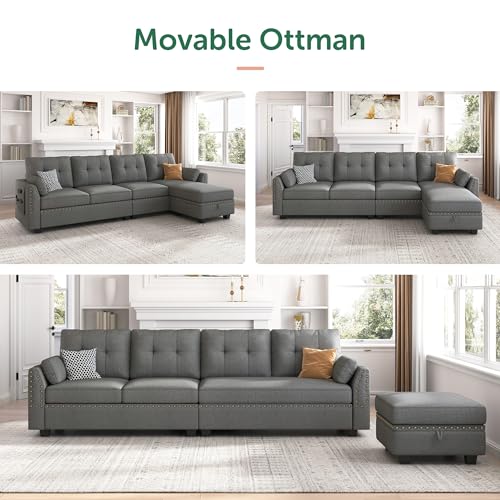 HONBAY Reversible Sectional Sofa L-Shape Sofa Convertible Couch 4-Seater Sofas Sectional for Apartment Dark Grey