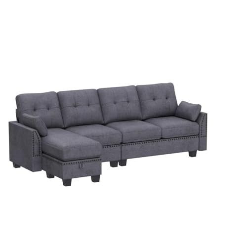 HONBAY Reversible Sectional Sofa L-Shape Sofa Convertible Couch 4-Seater Sofas Sectional for Apartment Dark Grey