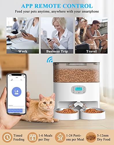 HoneyGuaridan 6L Automatic Cat Feeder for 2 Cats, 2.4G WiFi Enabled Smart Feed Automatic Pet Feeder for Cats & Dogs, Timed Pet Food Dispenser with Stainless Steel Bowl APP Control, 10s Voice Recorder