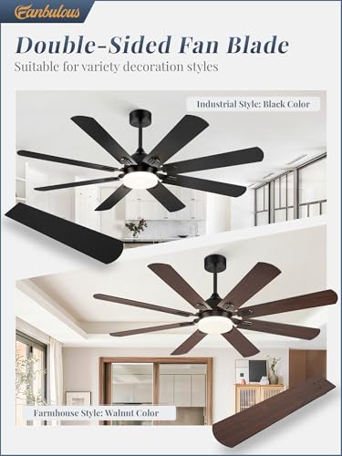Fanbulous 62 Inch Ceiling Fans with Lights, Black Modern Ceiling Fan with Remote,Large Farmhouse Indoor & Outdoor Ceiling Fan with 8 Dual Finish Blades, Quiet DC Motor, Bright LED Light