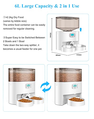 HoneyGuaridan 6L Automatic Cat Feeder for 2 Cats, 2.4G WiFi Enabled Smart Feed Automatic Pet Feeder for Cats & Dogs, Timed Pet Food Dispenser with Stainless Steel Bowl APP Control, 10s Voice Recorder