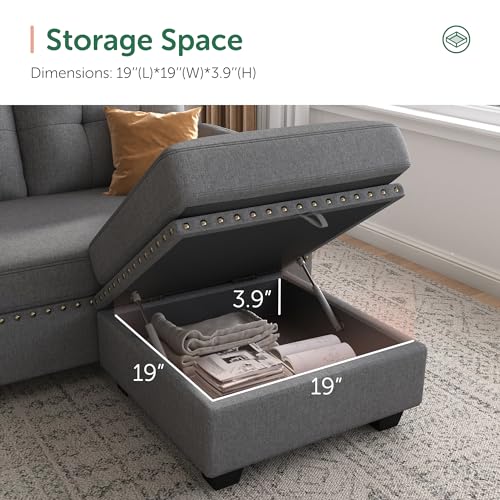 HONBAY Reversible Sectional Sofa L-Shape Sofa Convertible Couch 4-Seater Sofas Sectional for Apartment Dark Grey