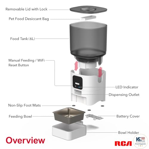 RCA Smart Pet Feeder for Cats, Dogs, Rabbits – WiFi-Enabled, RCA App Control for Remote Feeding, Dishwasher Safe Bowls, Compatible with Alexa & Google,6-Liter Capacity, BPA-Free Materials