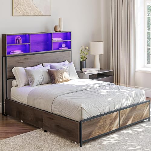 BELLEZE Full Size Bed Frame with 4 Drawers and Storage Bookcase Headboard, Platform Bed Frame with Fast Charging Station, RGB LED Light, No Box Spring Needed Noise Free - Riviera(Brown)