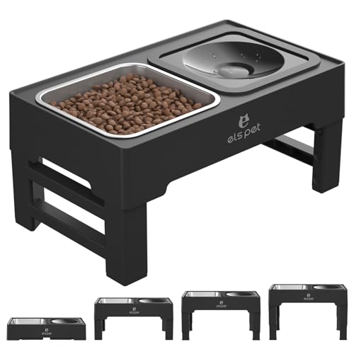 ELS PET Elevated Dog Bowls, Adjustable Raised Dog Bowls with No Spill Dog Water Bowl and Stainless Steel/Slow Feeder Dog Bowl, Dog Bowl Stand for Small Medium Large Dogs,Cats & Pets (Stainless Steel)