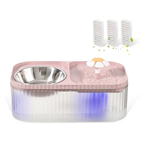JEERAMIA Cat Water Fountain and Food Bowl, 3L/101oz Ultra Quiet Pet Water Dispenser with LED Light Smart Pump and 3 Replacement Filters, Automatic Flower Fountain & Stainless Steel Bowl for Dog (Pink)
