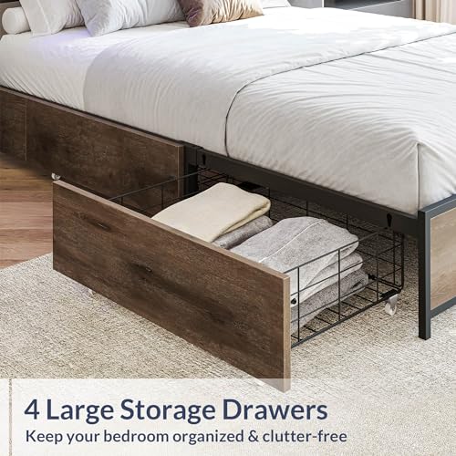BELLEZE Full Size Bed Frame with 4 Drawers and Storage Bookcase Headboard, Platform Bed Frame with Fast Charging Station, RGB LED Light, No Box Spring Needed Noise Free - Riviera(Brown)