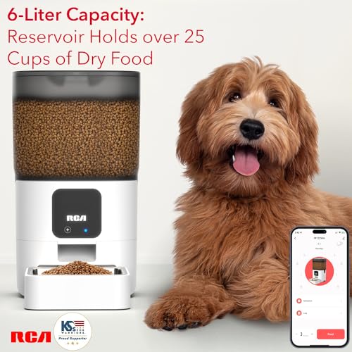 RCA Smart Pet Feeder for Cats, Dogs, Rabbits – WiFi-Enabled, RCA App Control for Remote Feeding, Dishwasher Safe Bowls, Compatible with Alexa & Google,6-Liter Capacity, BPA-Free Materials