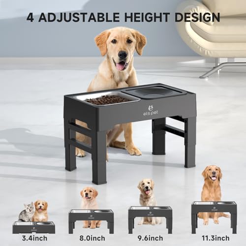 ELS PET Elevated Dog Bowls, Adjustable Raised Dog Bowls with No Spill Dog Water Bowl and Stainless Steel/Slow Feeder Dog Bowl, Dog Bowl Stand for Small Medium Large Dogs,Cats & Pets (Stainless Steel)