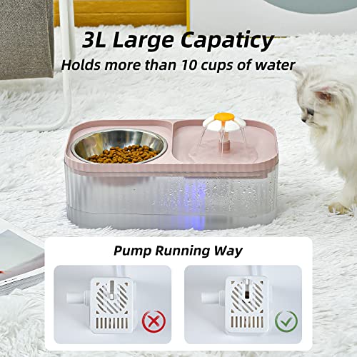 JEERAMIA Cat Water Fountain and Food Bowl, 3L/101oz Ultra Quiet Pet Water Dispenser with LED Light Smart Pump and 3 Replacement Filters, Automatic Flower Fountain & Stainless Steel Bowl for Dog (Pink)