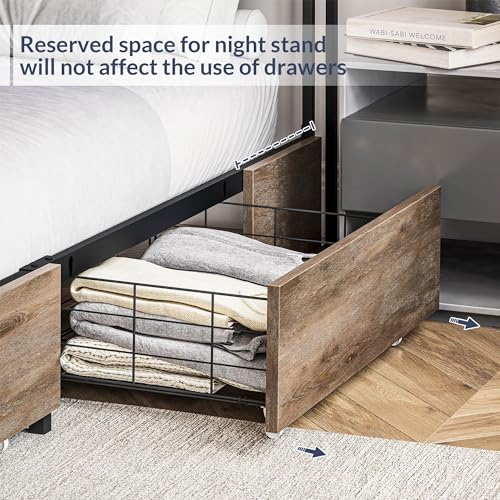 BELLEZE Full Size Bed Frame with 4 Drawers and Storage Bookcase Headboard, Platform Bed Frame with Fast Charging Station, RGB LED Light, No Box Spring Needed Noise Free - Riviera(Brown)