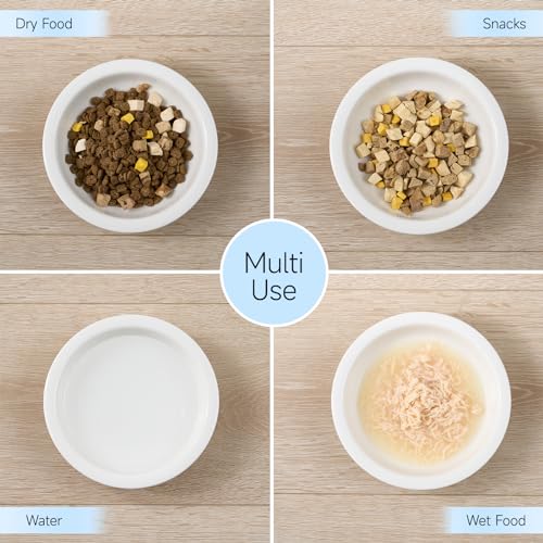 CEEFU Thicker Ceramic Cat Food and Water Bowls 3 PCS, Whisker Stress Free Cat Dishes, Relieves Fatigue, Shallow Pet Food Dish for Cats Puppy, White