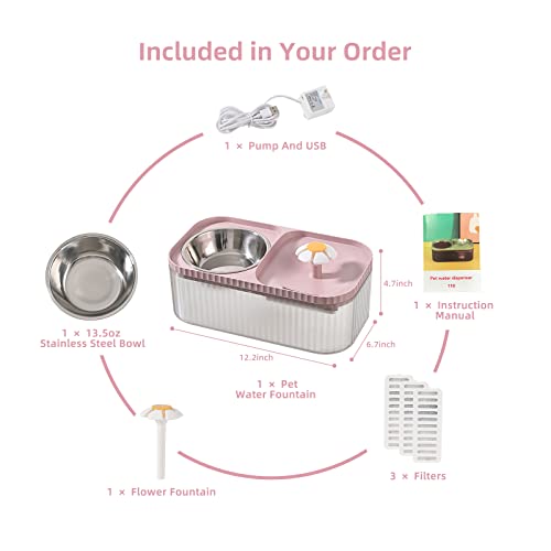 JEERAMIA Cat Water Fountain and Food Bowl, 3L/101oz Ultra Quiet Pet Water Dispenser with LED Light Smart Pump and 3 Replacement Filters, Automatic Flower Fountain & Stainless Steel Bowl for Dog (Pink)