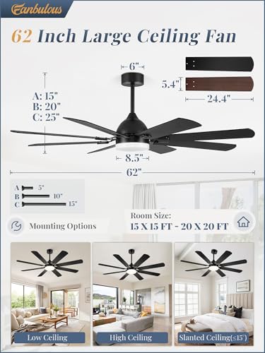 Fanbulous 62 Inch Ceiling Fans with Lights, Black Modern Ceiling Fan with Remote,Large Farmhouse Indoor & Outdoor Ceiling Fan with 8 Dual Finish Blades, Quiet DC Motor, Bright LED Light