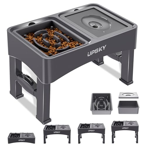 UPSKY 2-in-1 Elevated Dog Bowls Slow Feeder, 4 Height Adjustable Raised Dog Bowl Stand No Spill Dog Water Bowl Dispenser, Anti-Slip Dog Food and Water Bowl for Small Medium Dog