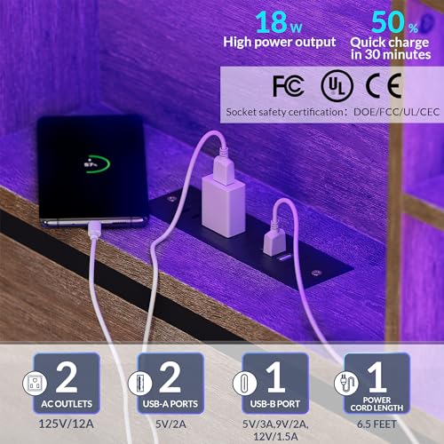 BELLEZE Full Size Bed Frame with 4 Drawers and Storage Bookcase Headboard, Platform Bed Frame with Fast Charging Station, RGB LED Light, No Box Spring Needed Noise Free - Riviera(Brown)