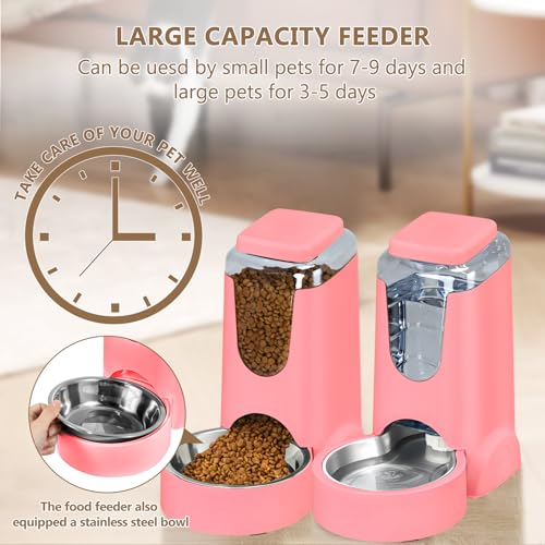 Automatic Cat Feeder and Water Dispenser with Stainless Steel Bowl Dog Gravity Food Feeder and Waterer for Small Medium Pets Puppy Kitten 1 Gallon x 2